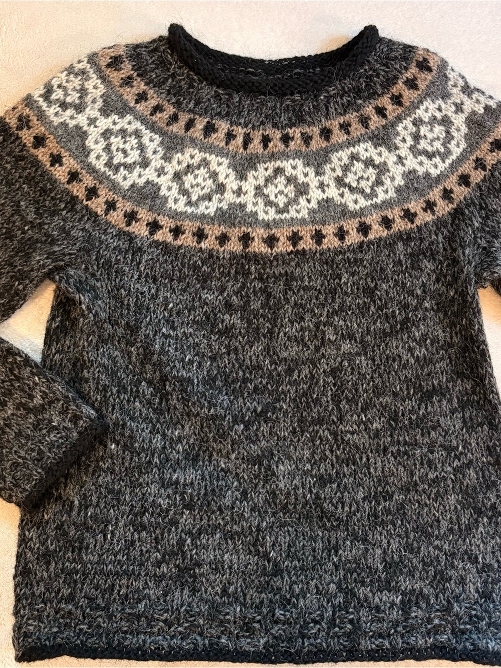 Nordic Wool Gray Black Fair Isle Yoke Crewneck Sweater Sz L